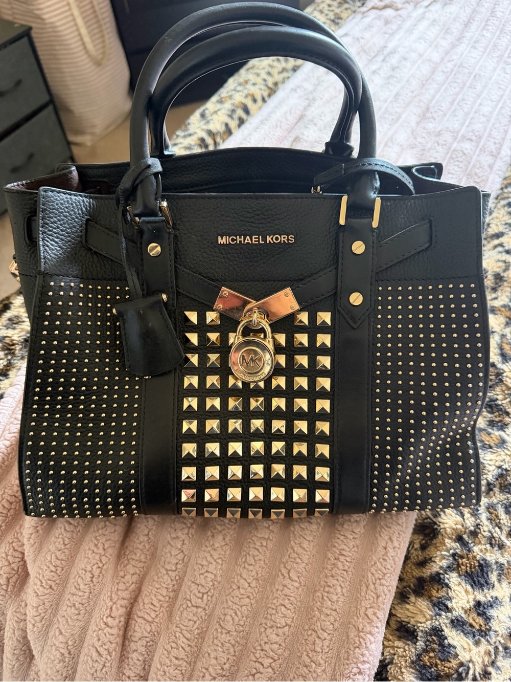 Michael Kors Black Leather Studded Satchel with Gold Hardware